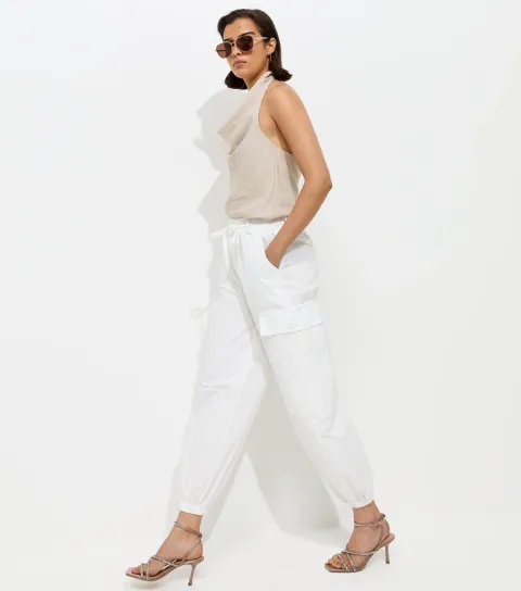 Women's Off White Cotton Tapered Cargo Trousers