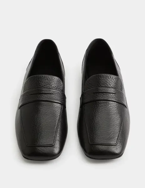 Marks & Spencer Leather Flat Square Toe Loafers Black