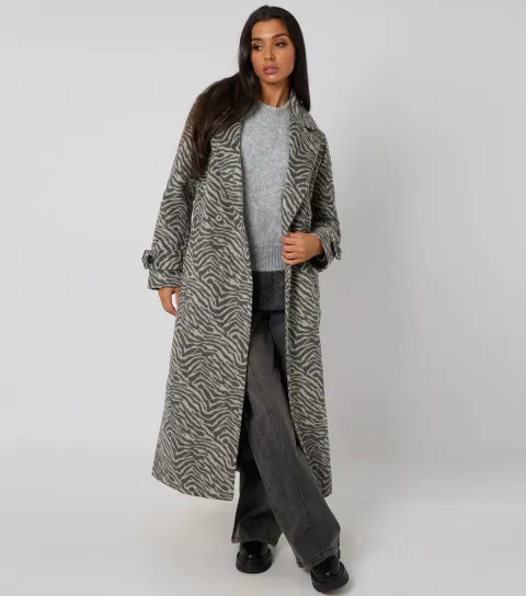 Urban Bliss Women's Grey Zebra Pattern Long Coat