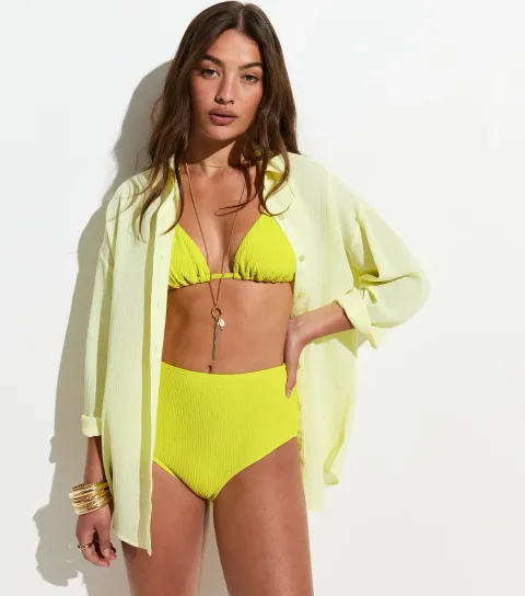 Women's Bright Yellow Crinkled High Waist Bikini Bottoms