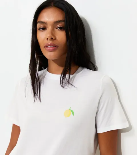 Women's White Cotton Lemon Print Relaxed Fit T-Shirt