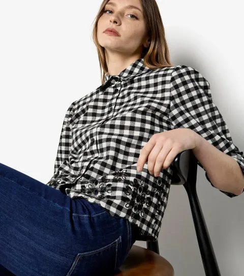 Women's Black Gingham Embroidered Shirt