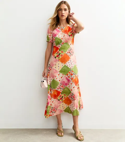 Women's Orange Patchwork Print Puff Sleeve Midi Dress