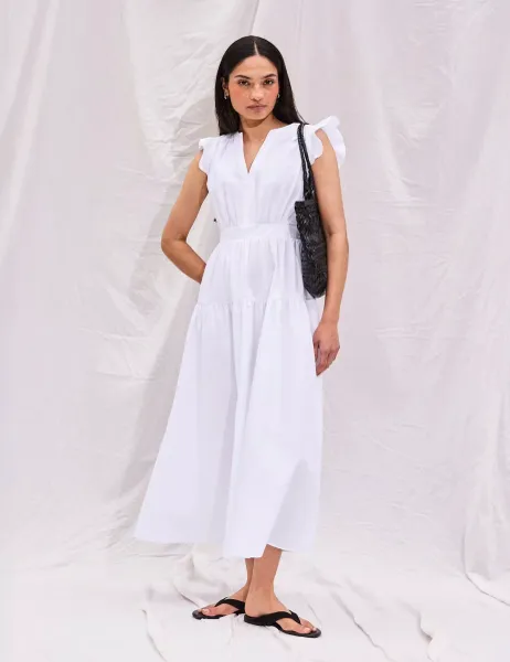 RO&ZO Pure Cotton Notch Neck Midaxi Waisted Dress White