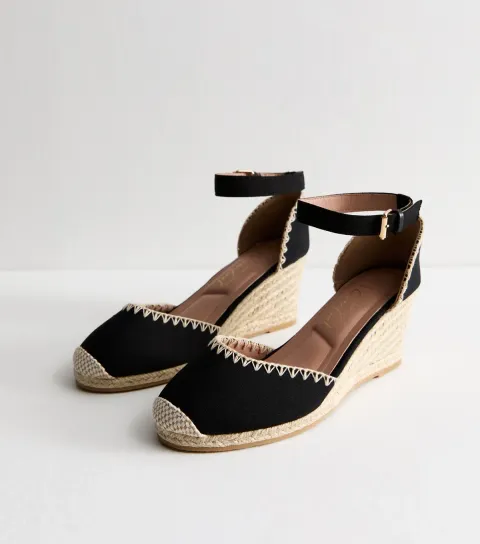Women's Wide Fit Black Blanket Stitch Trim Wedge Shoes Vegan