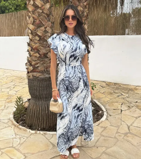 Women's Blue Animal Print Flutter Sleeve Midi Dress