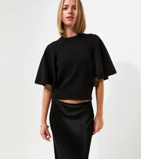 Women's Black Knitted Cape Sleeve T-Shirt