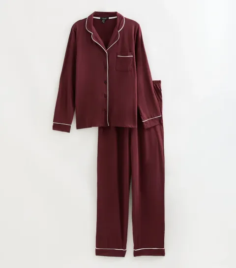 New Look Women's Maternity Dark Burgundy Cotton Rich Revere Collar Pyjama Set