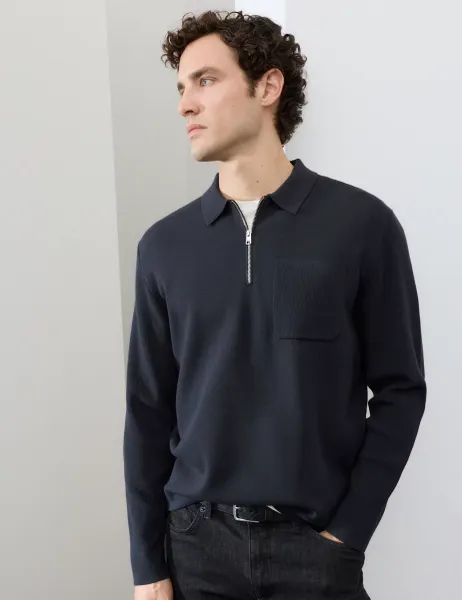 Autograph Half Zip Ribbed Long Sleeve Knitted Polo Shirt Dark Navy