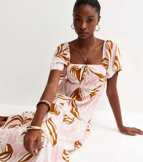 Women's Light Pink Crepe Leaf Print Tiered Midi Dress