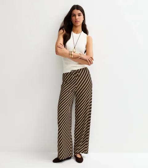 Women's Brown Crinkled Striped Wide Leg Trousers