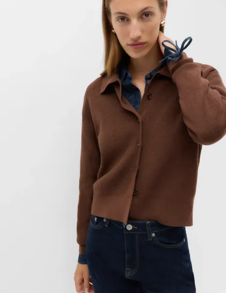 Marks & Spencer Ribbed Collared Button Through Knitted Jacket with Wool Conker