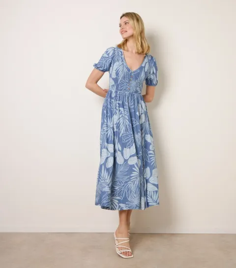 Women's Blue Tropical Shirred Midi Dress
