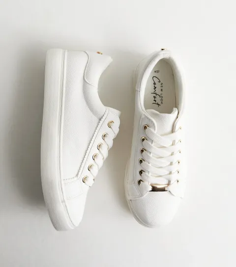 Women's White Grained Faux Leather Lace Up Trainers Vegan