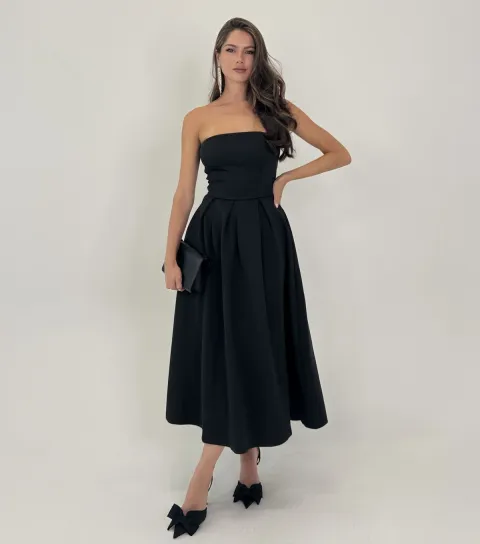 Women's Black Strapless Midi Dress