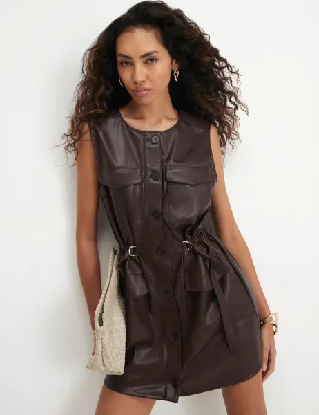 River Island Faux Leather Button Front Mini Utility Shirt Dress Purple