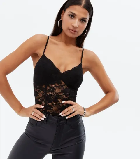 Women's Black Lace Strappy Bodysuit