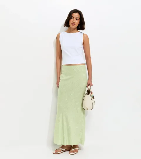 Women's Green Spot Print Bias Cut Midi Skirt