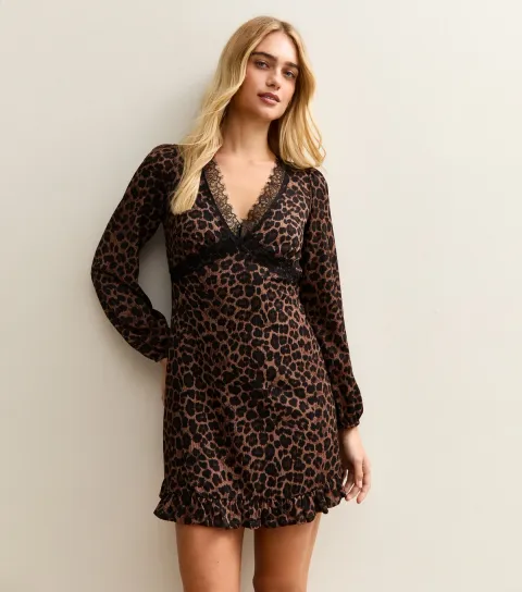Women's Brown Leopard Print Lace Trim long Sleeve Mini Dress