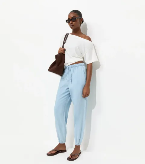 New Look Women's Light Blue Chambray Tapered Drawstring Trousers