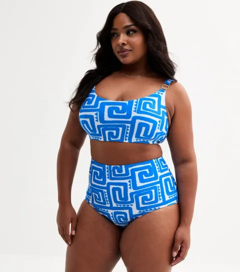 Women's Plus Size Blue Swirl Print High Waisted Bikini Bottoms Curves