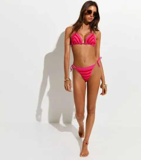 Women's Pink and Orange Crochet Striped Tie Side Bikini Bottoms