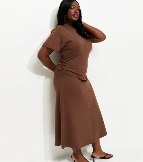 Women's Plus Size Dark Brown Shirred Side Jersey Midi Dress Curves