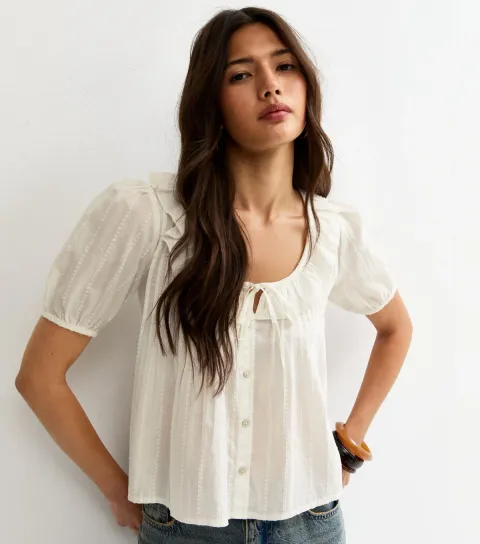 Women's White Dobby Stripe Tie Bow Blouse