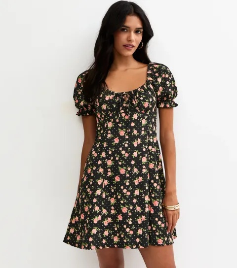 Women's Black Floral Ruched Bodice Mini Dress