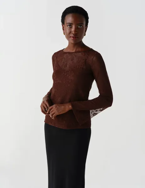 Ghost Lace Round Neck Blouse Brown Mix