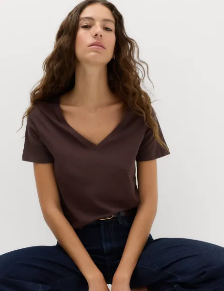 Marks & Spencer Pure Cotton V-Neck T-Shirt Dark Chocolate