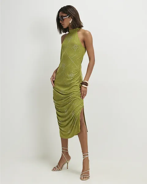 River Island Palm Halter Neck Embellished Midi Dress