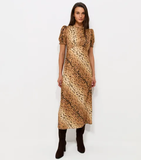 Women's Brown Animal Print Puff Sleeve Midi Dress