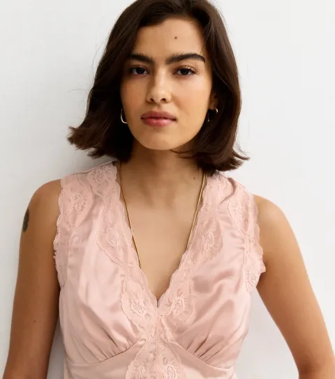 Women's Light Pink Satin Lace Trim Cami Top