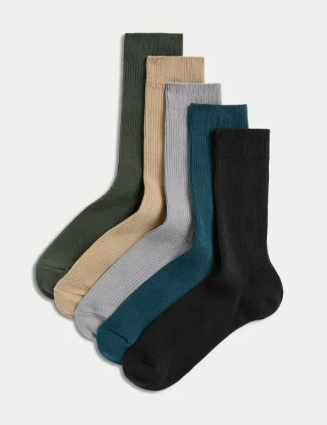 Marks & Spencer 5 Pack Cotton Rich Ribbed Socks Dark Blue Mix