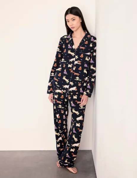 Chelsea Peers Cotton Rich Halloween Dogs Revere Pyjama Set Navy