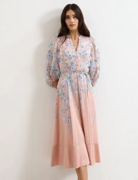 Phase Eight Linen Blend Floral Midi Skater Dress Light Pink Mix