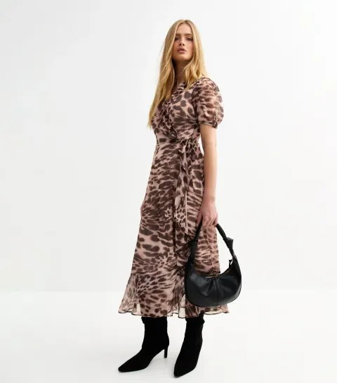 Women's Brown Animal Print Chiffon Wrap Midi Dress