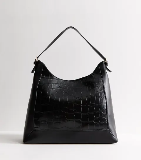 Black Faux Leather Crocodile Embossed Hobo Shoulder Bag