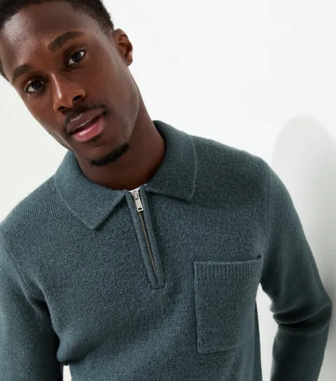 Men's Blue Regular Fit Brushed Knit Zip Polo Shirt