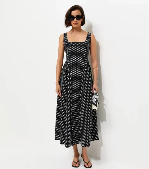 Women's Black Spot Print Square Neck Midi Dress