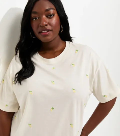 Women's Plus Size Cream Lemon Embroidered Boxy T-Shirt Curves