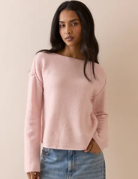 Nobody's Child Slash Neck Relaxed Jumper with Wool Pink