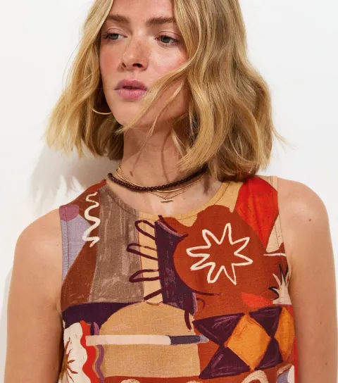 Women's Orange Abstract Floral Print Sleeveless Top