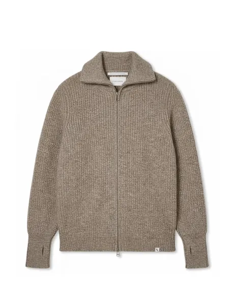 Peregrine Pure Merino Wool Cable Funnel Neck Cardigan Light Brown