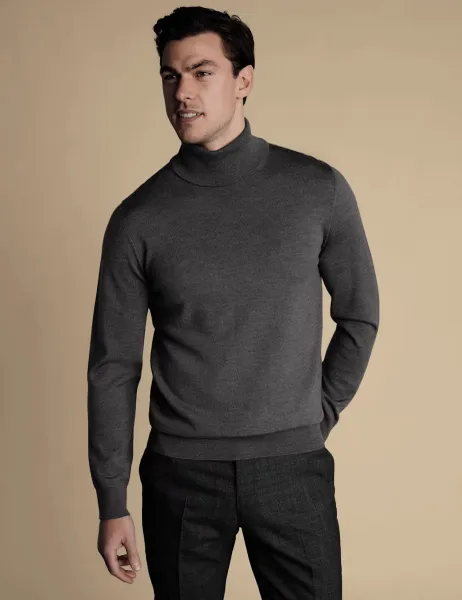 Charles Tyrwhitt Pure Merino Wool Roll Neck Jumper Grey
