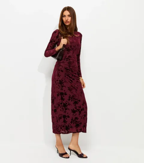 New Look Women's Dark Burgundy Flocked Velvet Long Sleeve Midi Dress