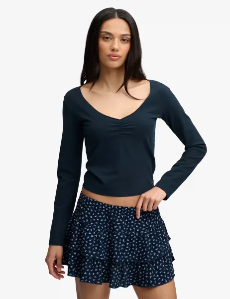 Superdry & Co Cotton Rich Gathered V-Neck Top Navy