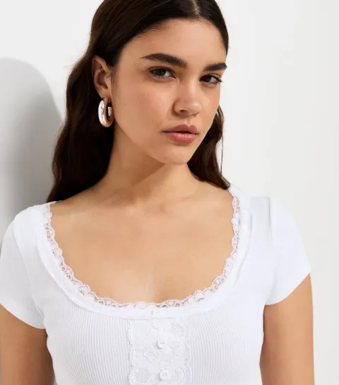Women's White Cotton-Rich Rib Lace Trim Henley T-Shirt