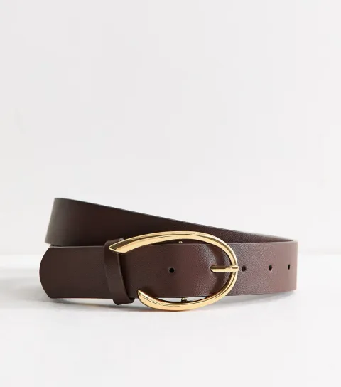 Dark Brown Faux Leather Sculpted Oval Buckle Belt